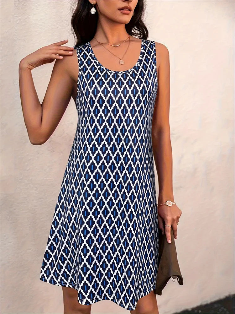 2024 Summer Boho Printed Dress - Women's Sleeveless Casual Holiday Gown O Neck Party Plus Size Fashion Dress