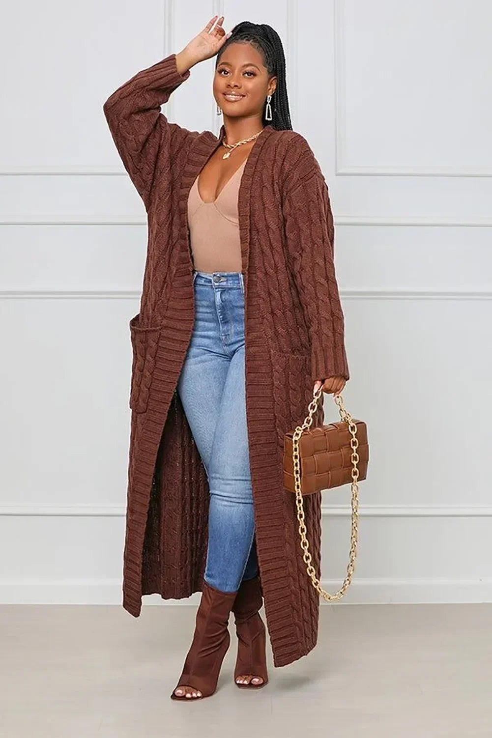 Women’s Yellow Knitted Cardigan – Long Sleeve Crochet Sweater Jacket for Autumn & Winter