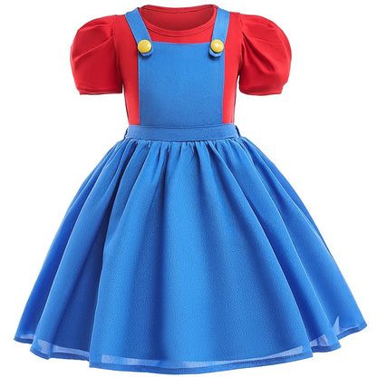 Girls Super Bros Cosplay Dress Set - Puff Sleeve Halloween & Birthday Party Costume