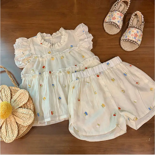 Children's Floral Embroidery Lace Set - Sleeveless Top & Shorts, 2-Piece Toddler Girl Clothes for 2-7 Years