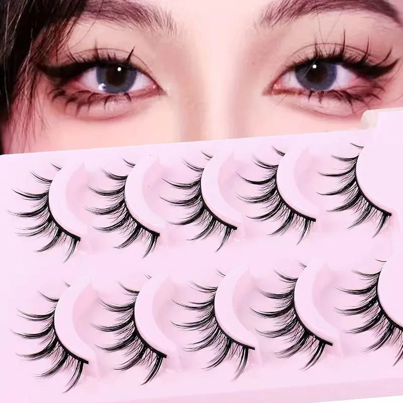 Manga Lashes 5 Pairs – Anime Cosplay Faux Mink Short Full Strip Lashes, Korean Natural Look, Clear Band Soft Eyelash Extensions