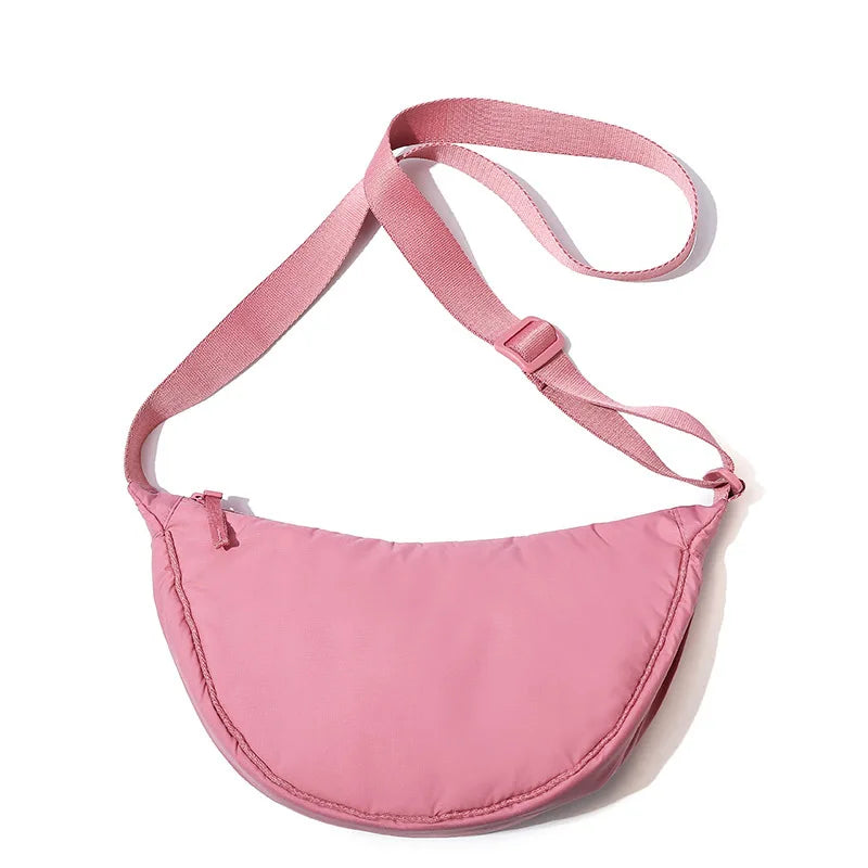 Solid Color Women's Portable Shoulder Bag – Simple Nylon Cloth Padded Crossbody Travel Purse & Messenger Bag
