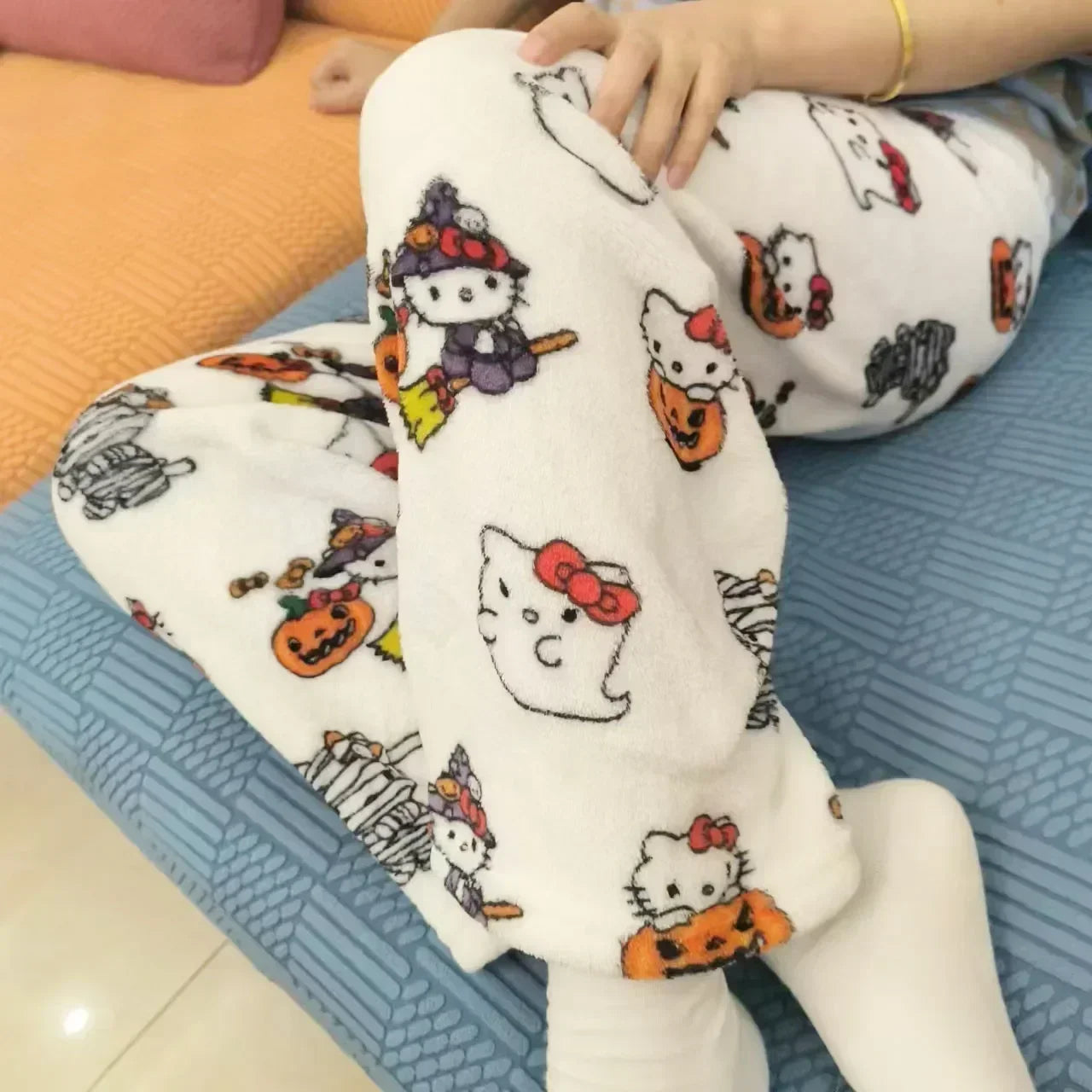 Thick Hello Kitty Fleece Pajama Pants – Soft Double Elastic Anime Trousers for Women, Cute Sanrio Birthday Gift