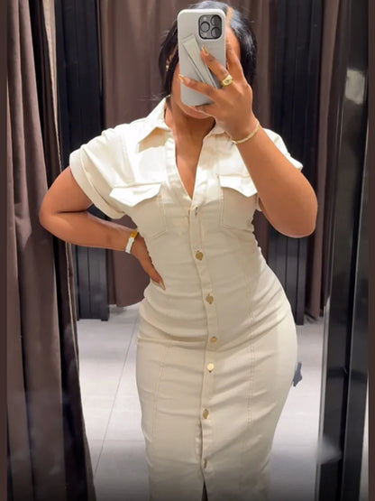 Women’s Chic White Denim Dress – Casual Lapel Long Slim Maxi, Single-Breasted Short Sleeve Summer Dress