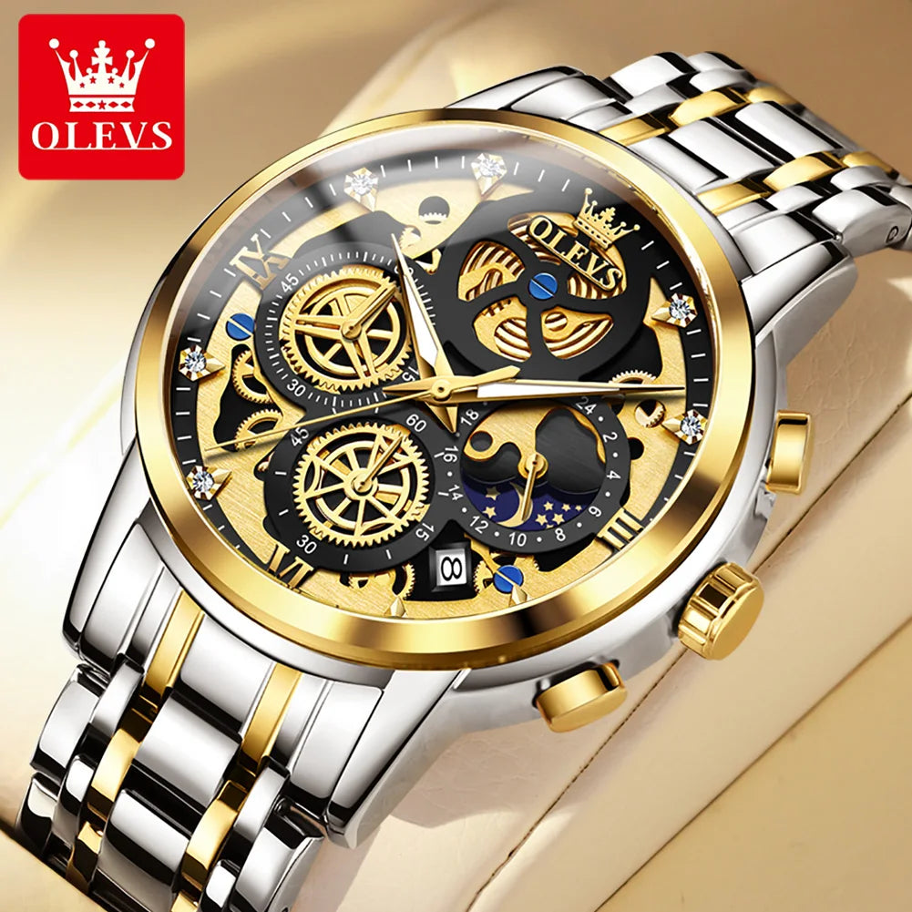 OLEVS Luxury Men's Quartz Watch – Gold Skeleton Style, Waterproof, 24-Hour Day/Night, Top Brand