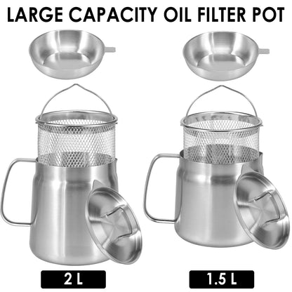 2L/1.5L Stainless Steel Oil Filter Fry Basket – Fine Mesh Strainer Pot for Oil Storage and Kitchen Grease