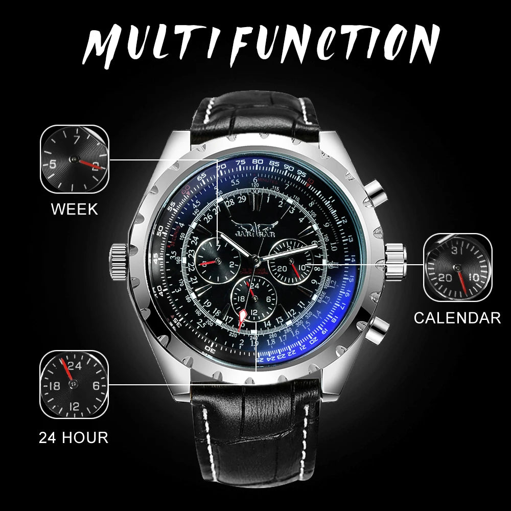 JARAGAR Pilot Mechanical Watch for Men – Multifunctional Small Dials, Leather & Steel Strap, Sports Military Automatic Watch