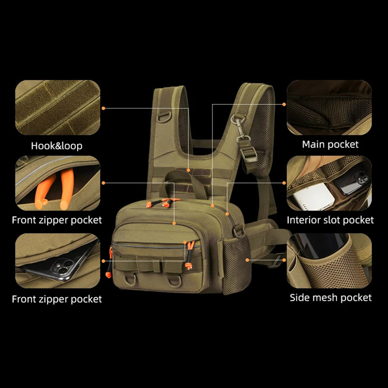 Fishing Lure Front Chest Vest Backpack – Tactical Travel, Camping, Hiking & Outdoor Cycling Mountaineering Gear Bag for Men