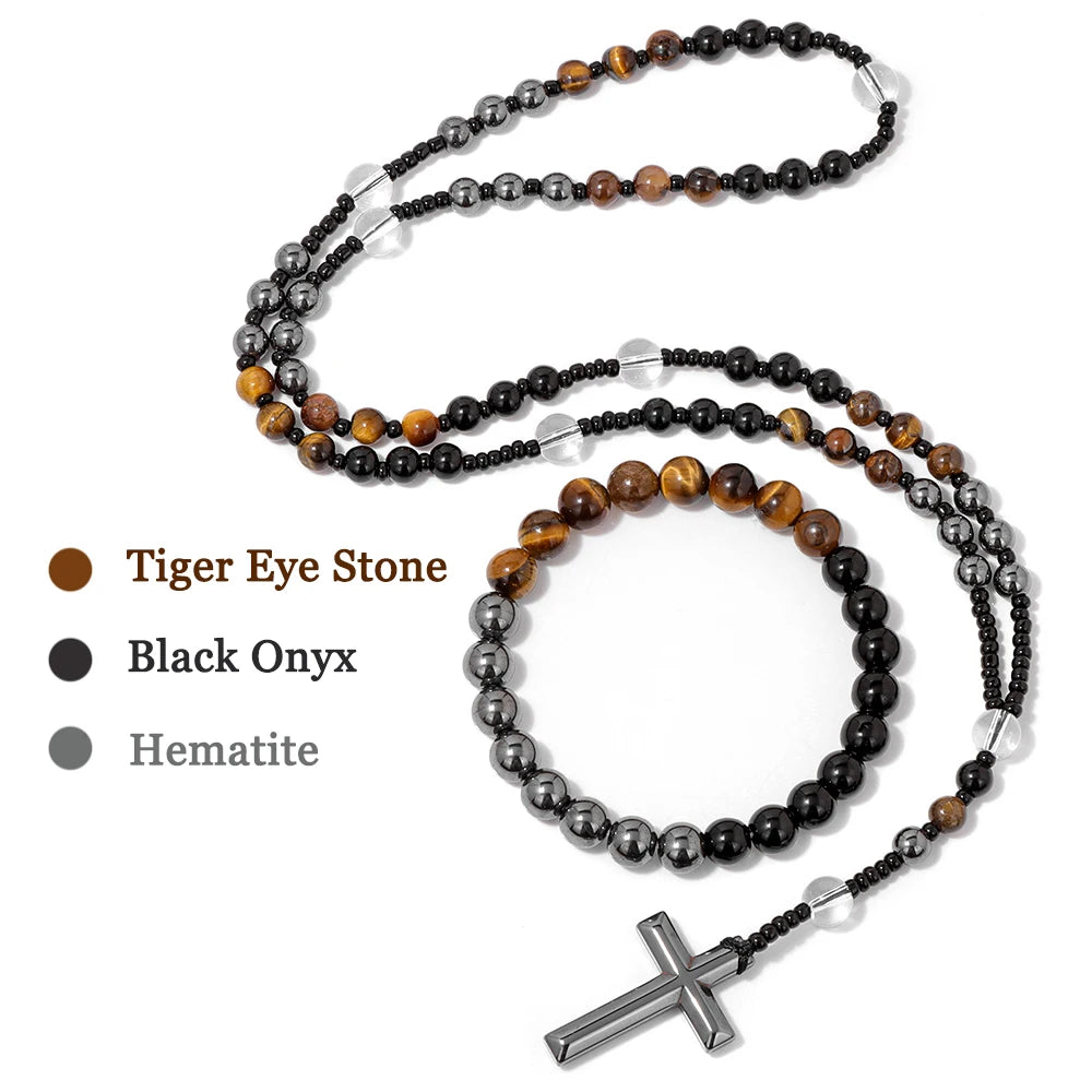 6mm Tiger Eye Rosary Beads Necklace – Catholic Jesus & Virgin Mary Pendant Long Knotted Chain Religious Jewelry for Men & Women