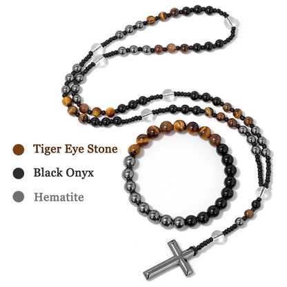 6mm Tiger Eye Rosary Beads Necklace – Catholic Jesus & Virgin Mary Pendant Long Knotted Chain Religious Jewelry for Men & Women