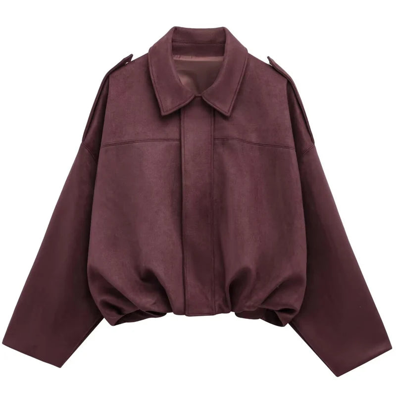HXAO Women's Oversized Suede Cropped Bomber Jacket – Casual Batwing Sleeve Streetwear Coat