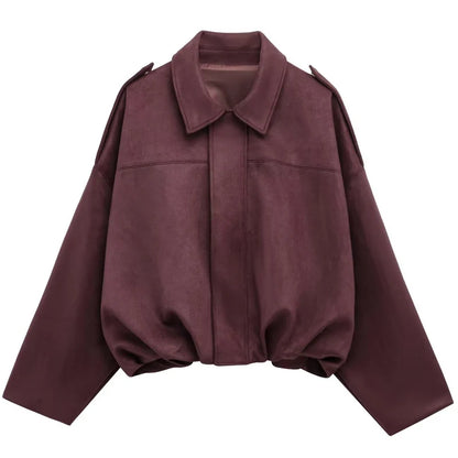 HXAO Women's Oversized Suede Cropped Bomber Jacket – Casual Batwing Sleeve Streetwear Coat