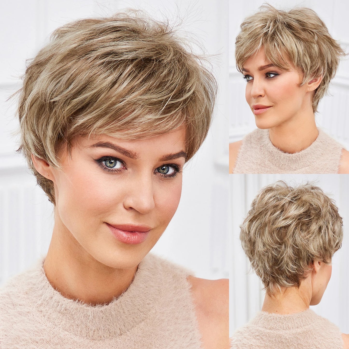 Light Blonde Mixed Off-White Pixie Cut Wig for Women – Bangs with Kanekalon Human-Hair-Like Texture, Natural Layered Hair