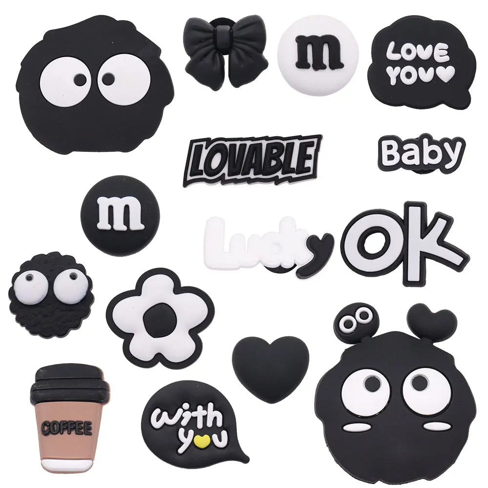 15PCS Cute Black & White Flower Shoe Charms – DIY Buckle Accessories for Boys & Girls Sandals