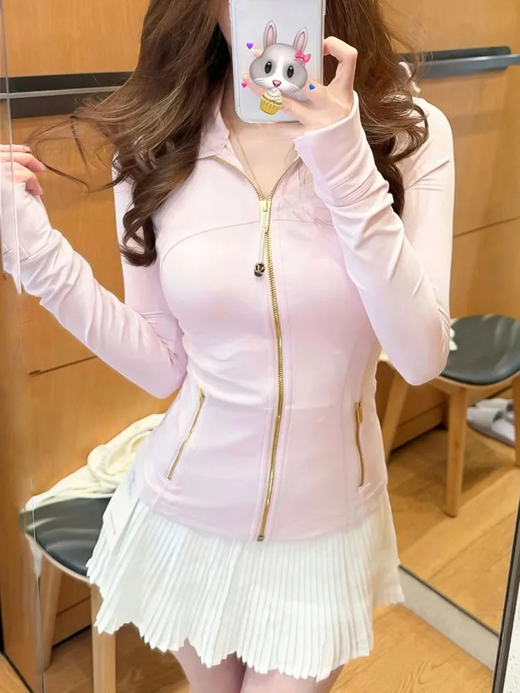 Gold Zipper Women's Yoga Jacket - Slimming Stand-Up Collar Fitness Sports Top
