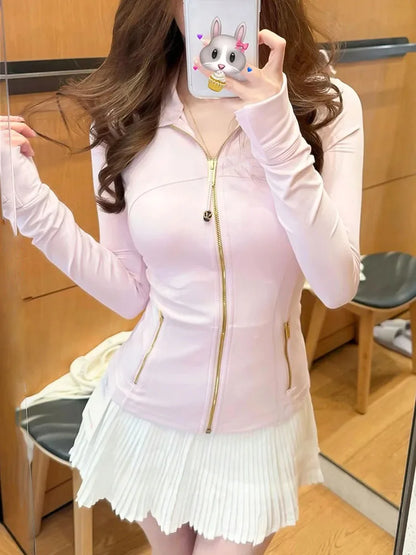 Gold Zipper Women's Yoga Jacket - Slimming Stand-Up Collar Fitness Sports Top