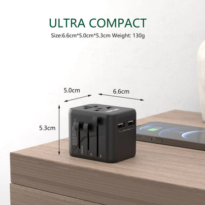 LENCENT International Travel Adapter – All-in-One Charger with 2 USB Ports, EU/UK/USA/AUS Plugs for Worldwide Travel