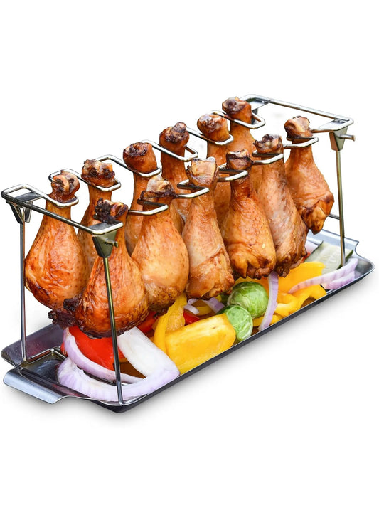 14-Slot Stainless Steel Chicken Leg Rack with Drip Tray – Heavy-Duty Grill & Smoker Wing/Drumstick Holder