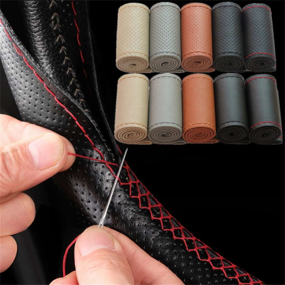 Leather Car Steering Wheel Cover - DIY Braid Design, Universal 38cm Auto Steering Wheel Case