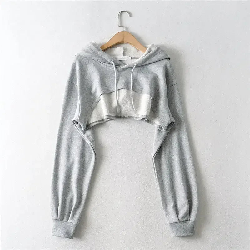 Women’s Irregular Crop Hoodie – Ultra-Short Y2K Style Long Sleeve Sweatshirt