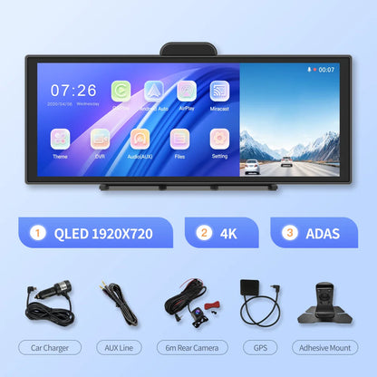 Imagebon 11.4″ H70 Pro 4K QLED Dash Cam - Wireless CarPlay & Android Auto, Dual Recording, Night Vision Car DVR