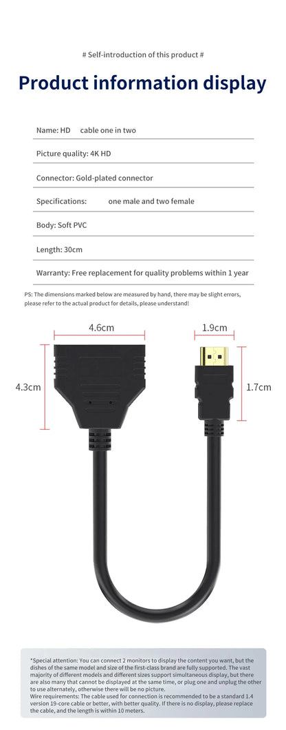 HDMI HD Cable Splitter – 1080P 2-Port Y Splitter, 1 In 2 Out Adapter for LCD TV, PS3, HDMI-Compatible Devices