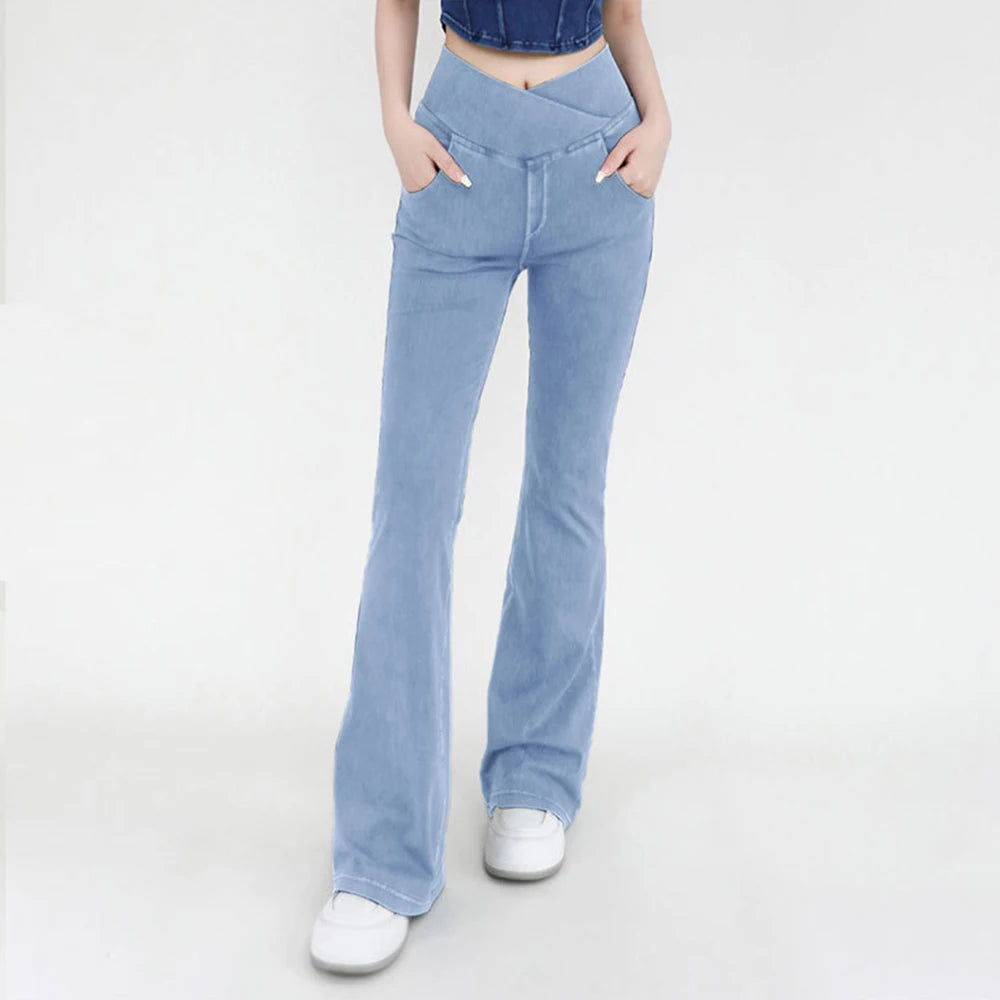Women's High Waist Flare Leggings - Stretch Denim Yoga Pants for Fitness & Casual Wear