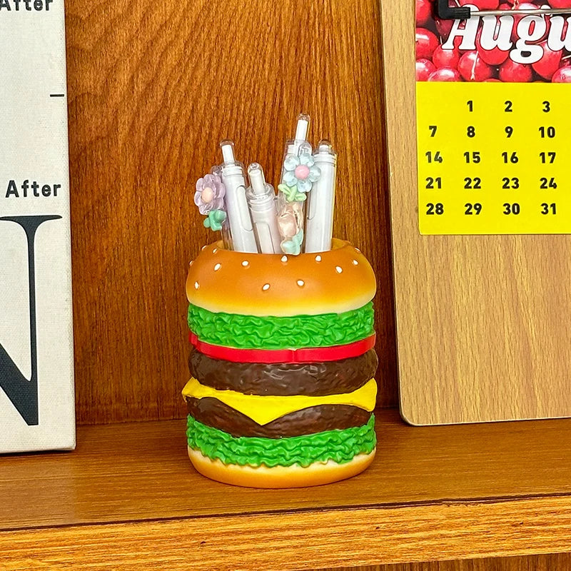 Miniso Cute Burger Pen Holder — Fun Desktop Organizer for Pens, Bedroom Desk Decoration, and Gift for Friends