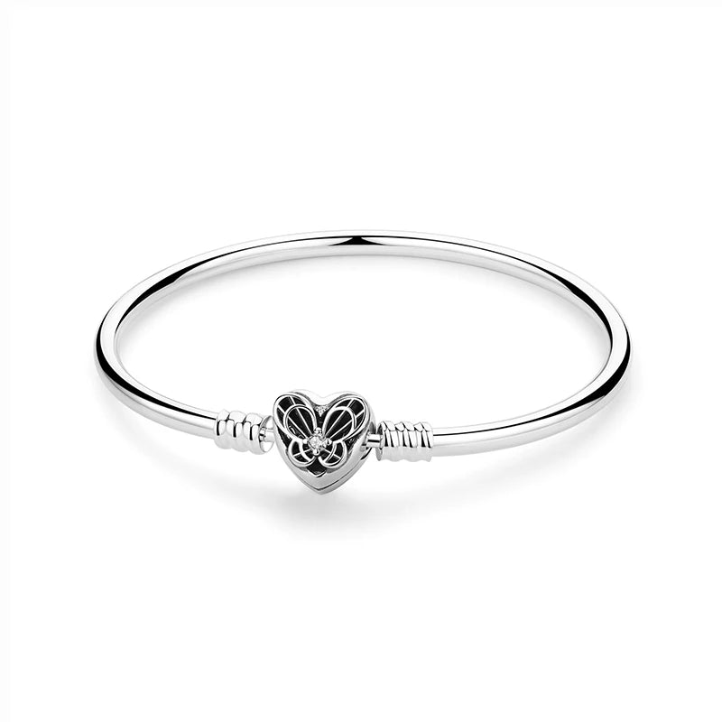 925 Sterling Silver Love Heart Charm Bracelet – Rose Gold Snake Chain Bangle for Women | DIY Luxury Bead Jewelry Accessories