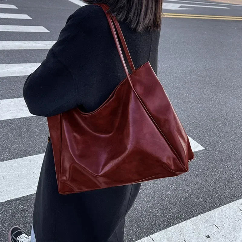 Women’s PU Leather Tote Bag – Large Capacity Soft Underarm Shoulder & Crossbody Bucket Bag Retro Casual Portable Handbag