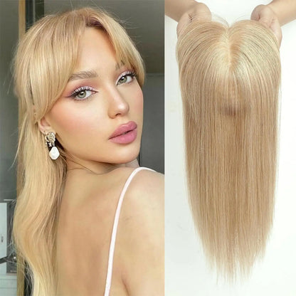 Straight Ombre Brown Remy Human Hair Topper – 100% Silk Base Clip-in Wig with Bangs, Hair Extension for Women