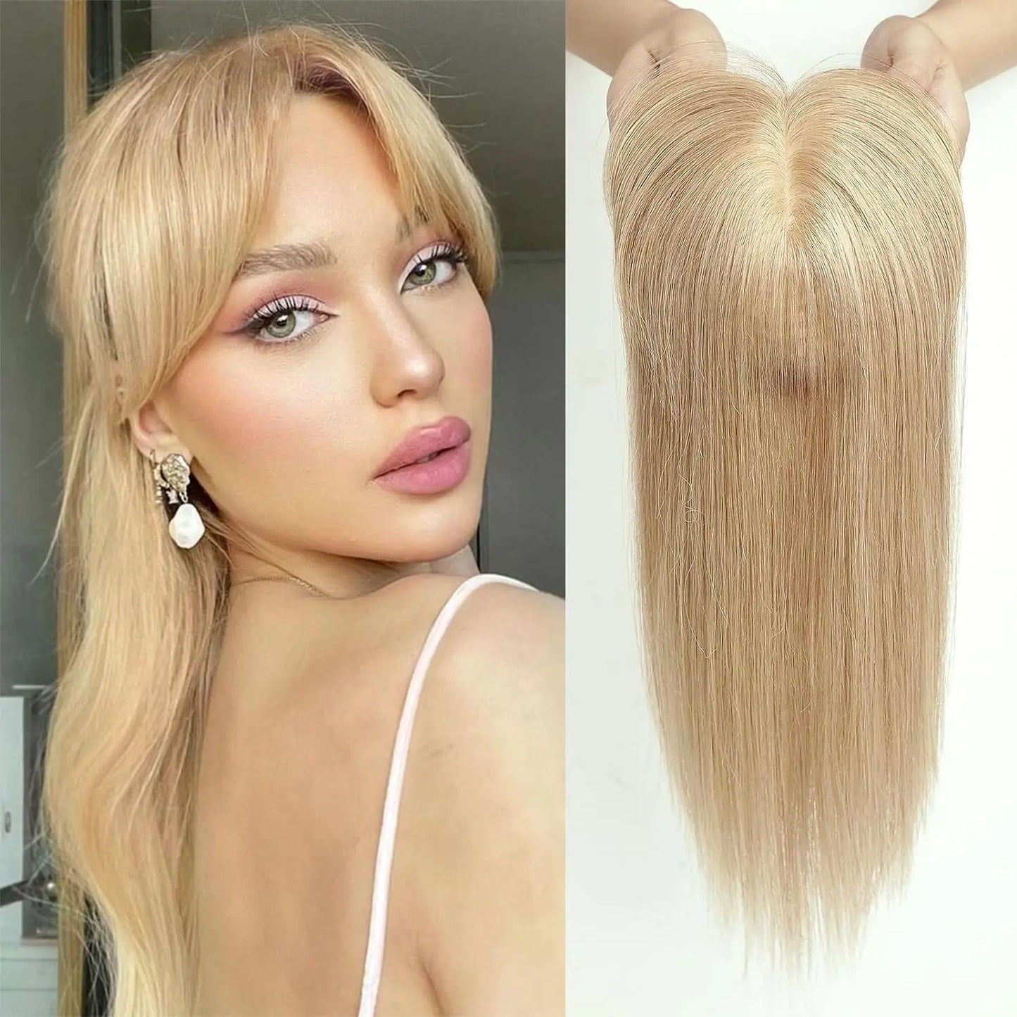 Ombre Brown Blonde Remy Human Hair Topper – 14 Inch Silk Base Clip-In Wig with Bangs for Women
