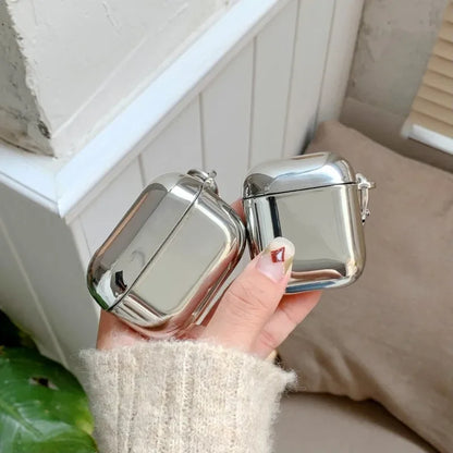 Electroplated Silver AirPods Protective Case - Mirror Finish Cover with Hook for AirPods 1/2/3/4 & Pro 2/3