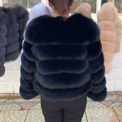 QUEENTINA Women’s Real Fox Fur Coat – Brown Leather & Skin Winter Fashion Outerwear 2025