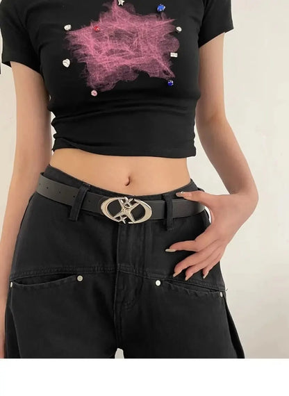 Women’s Punk Star Buckle Belt – Cross Metal Vintage Gothic Y2K PU Leather Waistband for Pants & Jeans, Unisex Fashion Belt