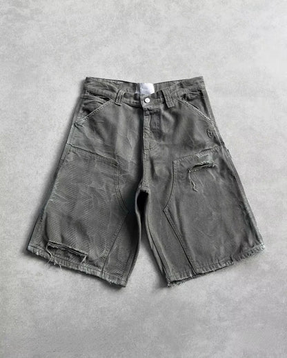 Y2K Gothic Rhinestone Denim Shorts — Diamond Cross Embroidered Hip Hop Jorts for Men & Women