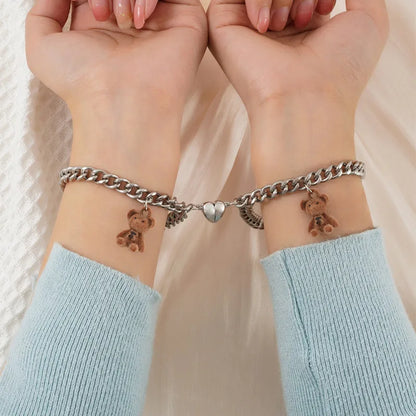 2-Piece Magnetic Couple Bracelet Set - Stainless Steel Heart Charm Cuban Chain Jewelry Gifts