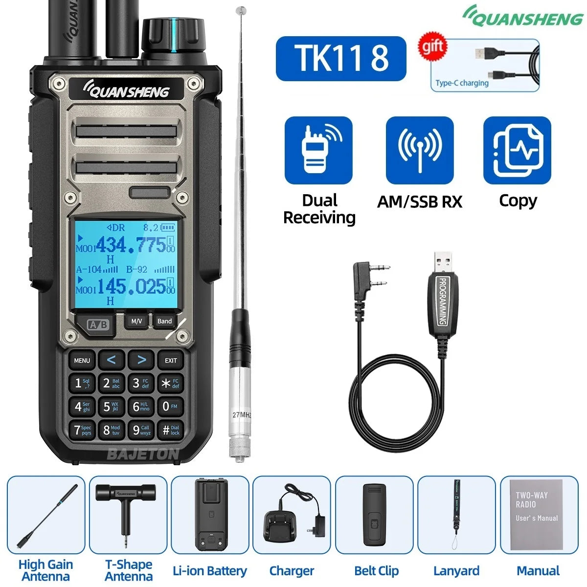 Quansheng TK11-8 10W Walkie Talkie - Dual-Receive CB Radio with 27MHz, CW/LSB, LW/MW/SW, NOAA, and USB-C Charging for UV-K5-8 and TK-11-5