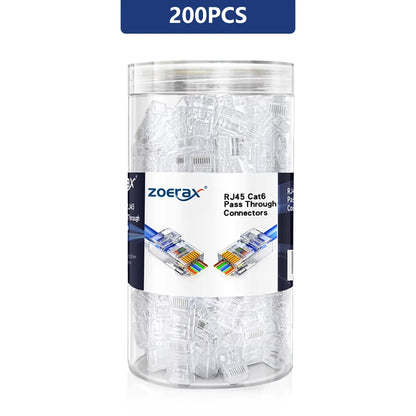 ZoeRax RJ45 Cat6 Pass-Through Connectors — 50/100/200PCS Modular Plugs 1.1mm | Solid & Stranded FTP/STP Cable