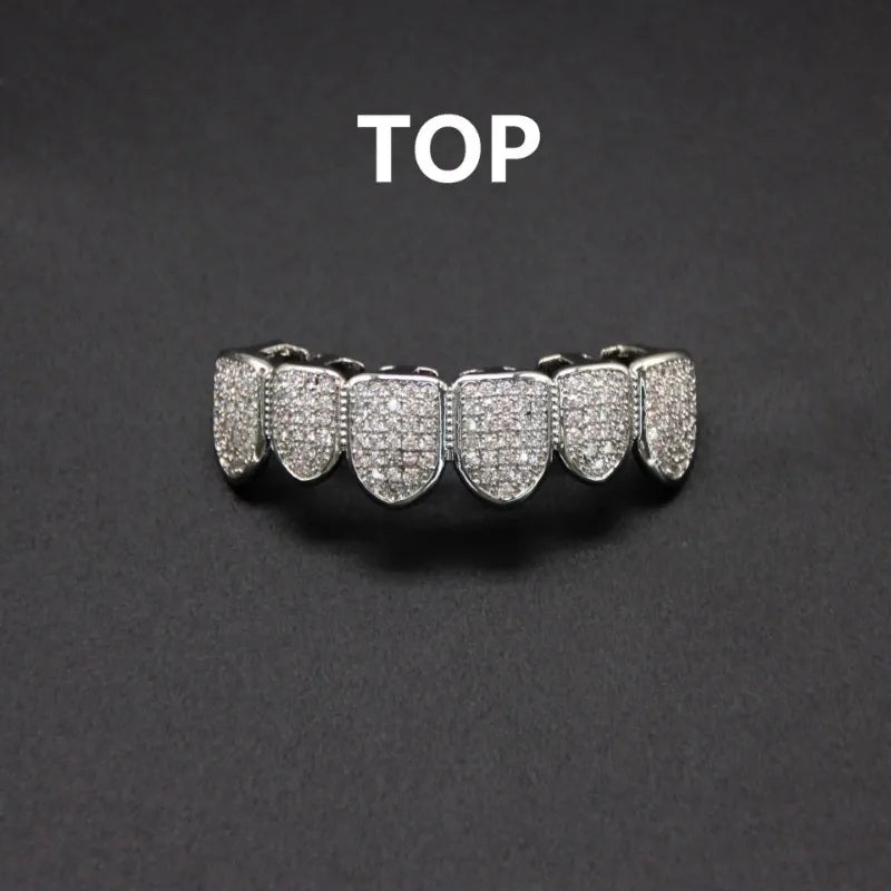 HipHop CZ Teeth Set – Unisex Gold & Silver Top/Bottom Mouth Caps, Removable Dental Fashion Jewelry