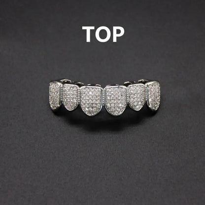 HipHop CZ Teeth Set – Unisex Gold & Silver Top/Bottom Mouth Caps, Removable Dental Fashion Jewelry