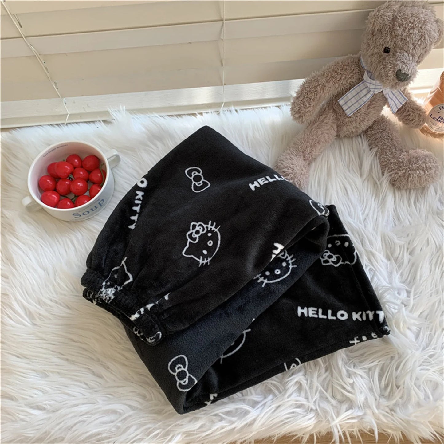 Kawaii Hello Kitty Flannel Pajama Pants – Warm Woolen Anime Trousers for Women, Cute Autumn Loungewear Gift