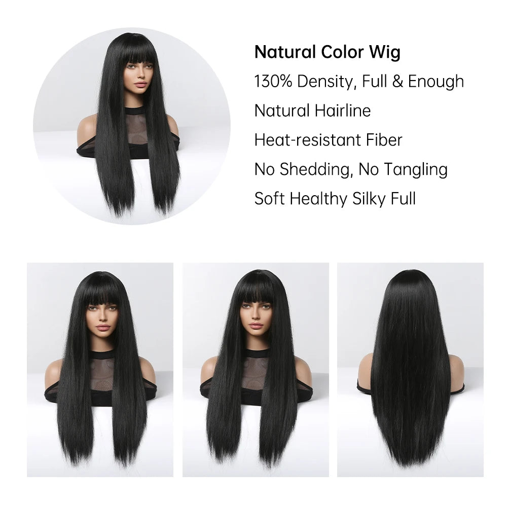 EASIHAIR Long Silky Straight Synthetic Wigs with Bangs: Black Cosplay Party Lolita Hair Wigs for Women - Natural Heat Resistant Wig