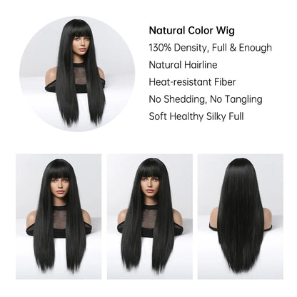 EASIHAIR Long Silky Straight Synthetic Wigs with Bangs: Black Cosplay Party Lolita Hair Wigs for Women - Natural Heat Resistant Wig