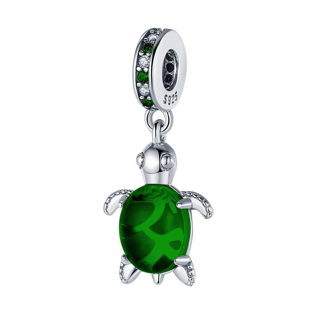 925 Silver Plated Murano Glass Sea Turtle Dangle Charm - Colorful Pink & Blue Jewelry for Women's Bracelet