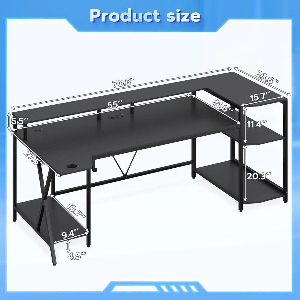 70.8'' Gaming Desk with LED Lights – Computer Desk with Storage Shelves, Monitor Stand, Power Outlets & Cup Holder