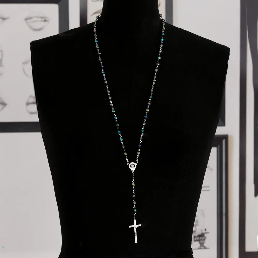 Rosary Beads Cross Necklace – Catholic Virgin Mary Pendant Chain Religious Jewelry Gift for Men & Women Prayer Charm