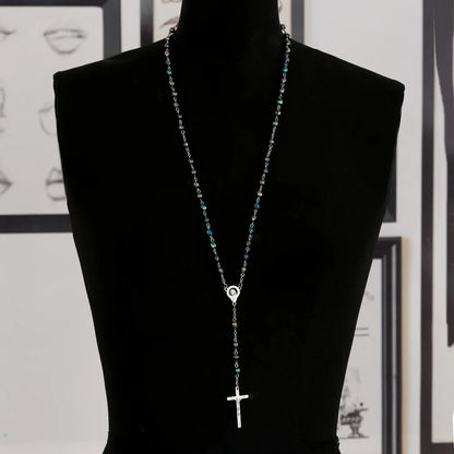 Rosary Beads Cross Necklace – Catholic Virgin Mary Pendant Chain Religious Jewelry Gift for Men & Women Prayer Charm