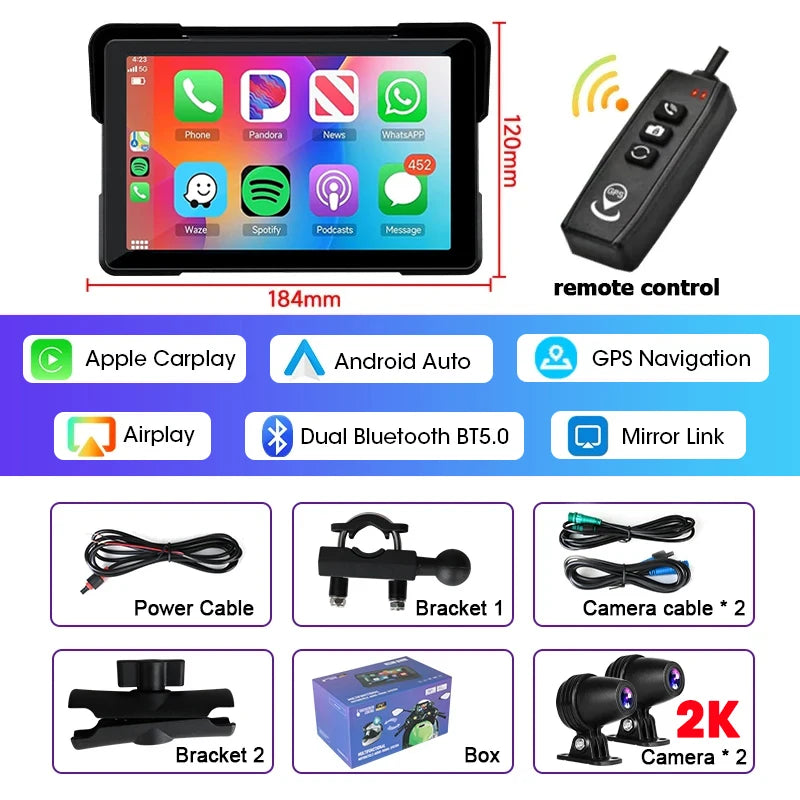5/7 Inch Motorcycle CarPlay DVR Navigation GPS Monitor – Wireless Android Auto, Airplay, IPX7 Waterproof Portable Display