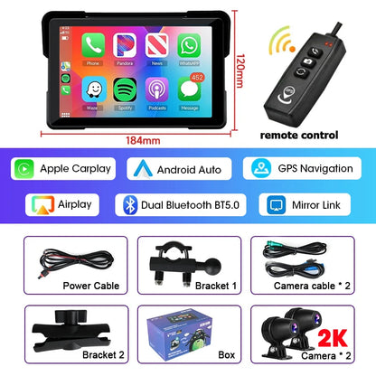 5/7 Inch Motorcycle CarPlay DVR Navigation GPS Monitor – Wireless Android Auto, Airplay, IPX7 Waterproof Portable Display